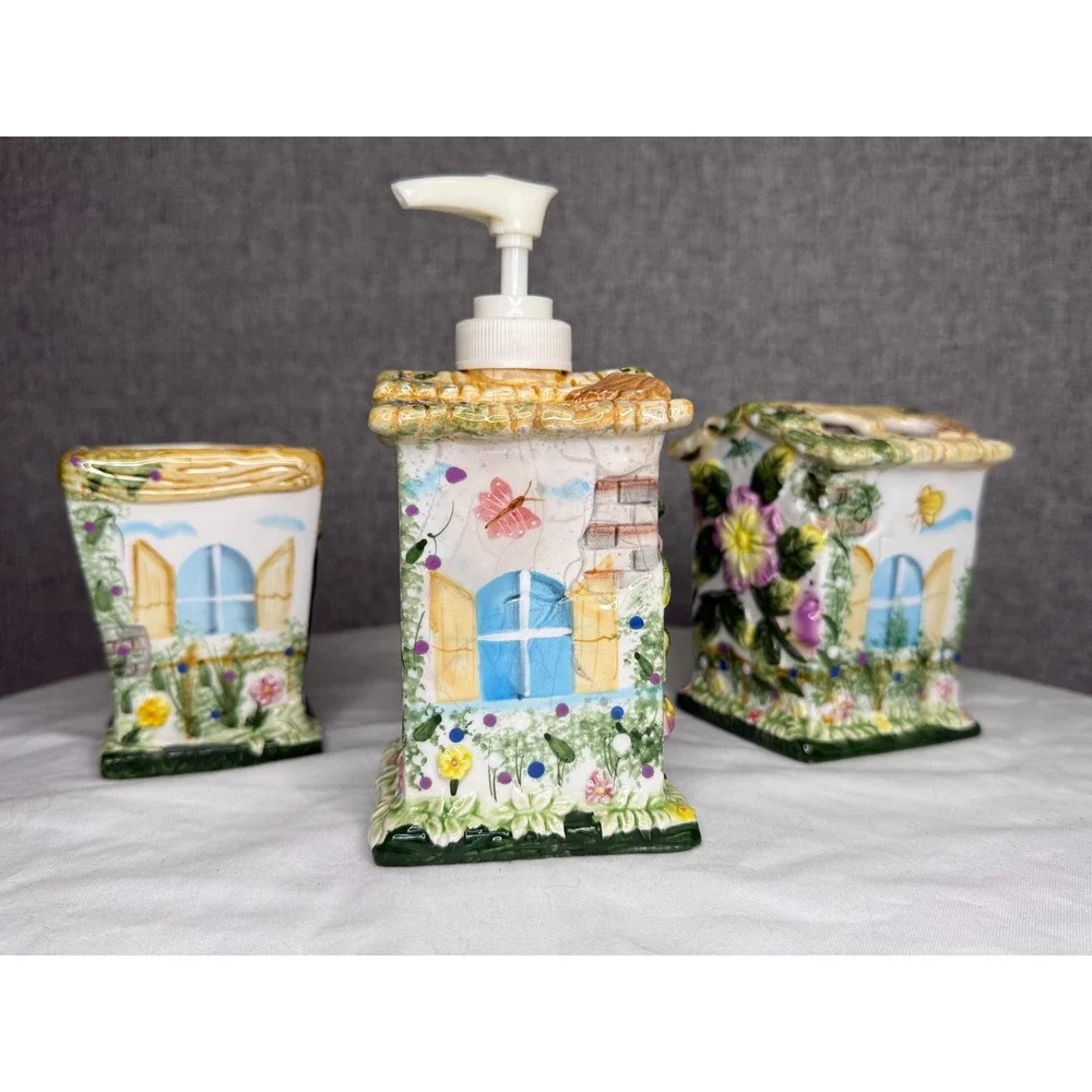 Vintage 80s 90s‎ Ceramic Floral Cottage Bathroom Set Soap Dispenser Toothbrush